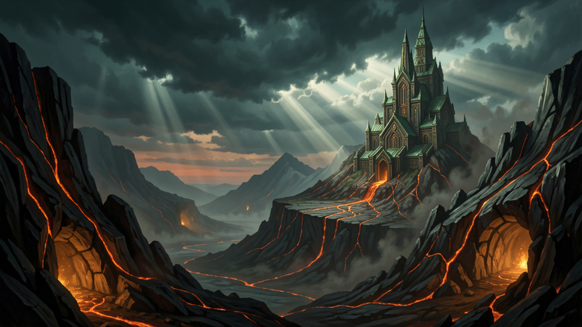 Volcanic mythic highlands of VuruRealms at dusk, copper forge-light along basalt ridges