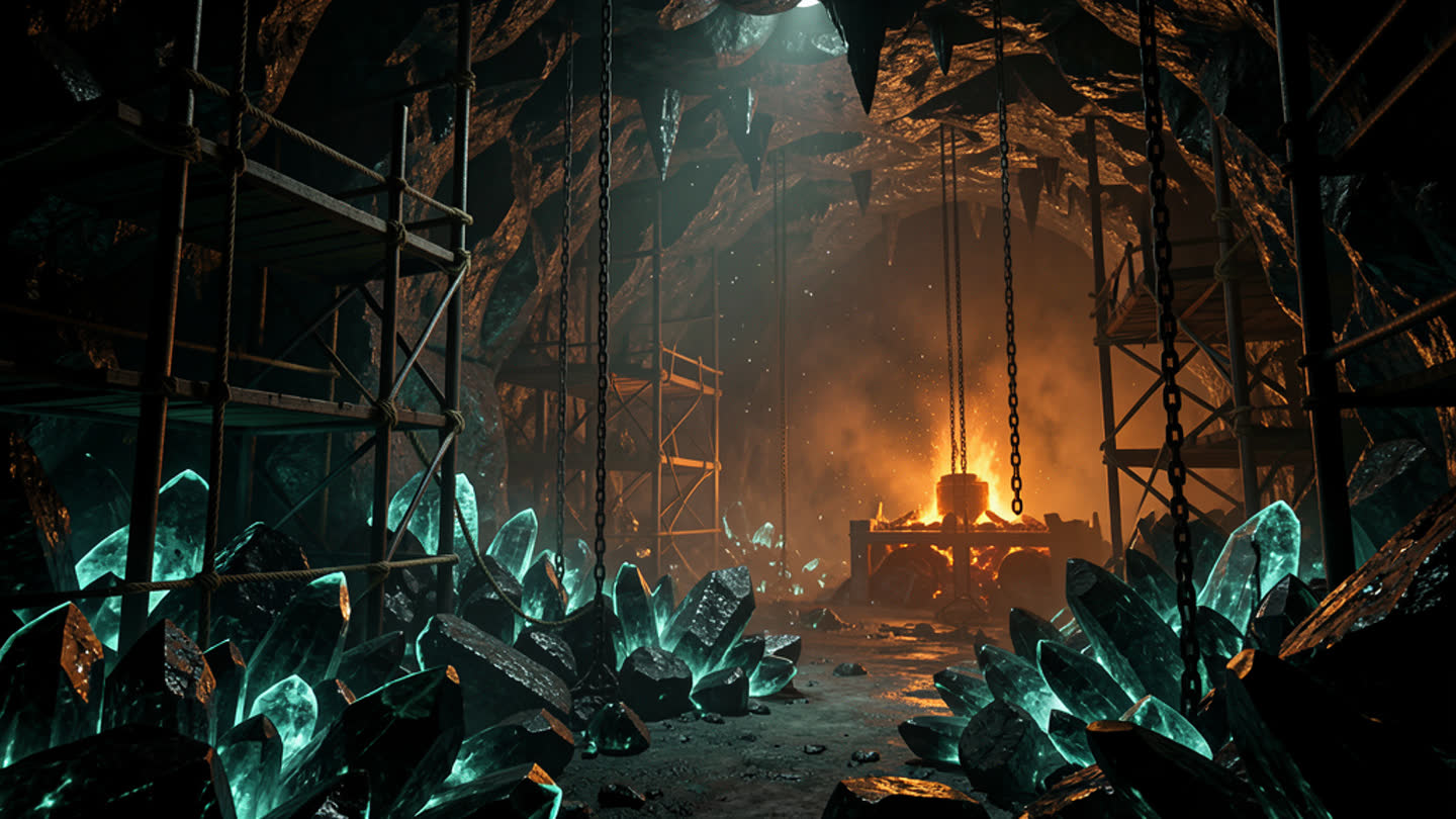 Deep teal ore cavern with iron scaffolding and forge glow