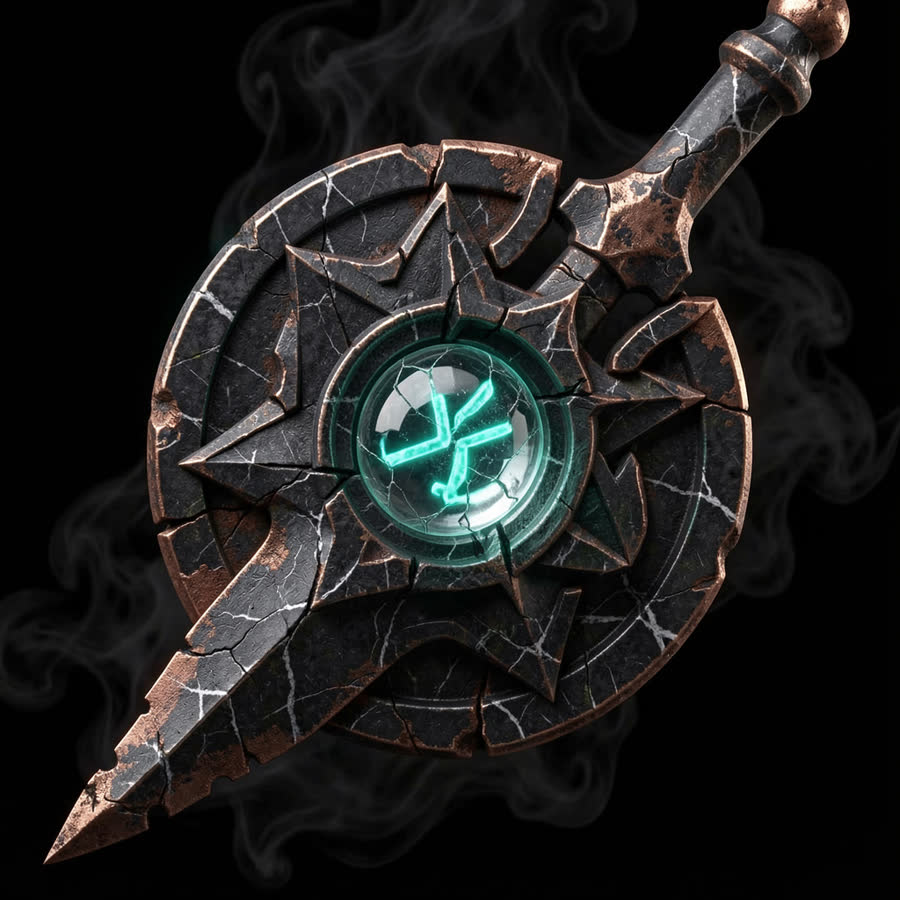 Blackened ritual coin-blade relic with teal rune core